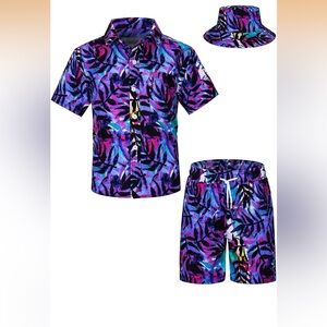 Vibrant Leaf Print Shirt, Shorts, and Hat Set